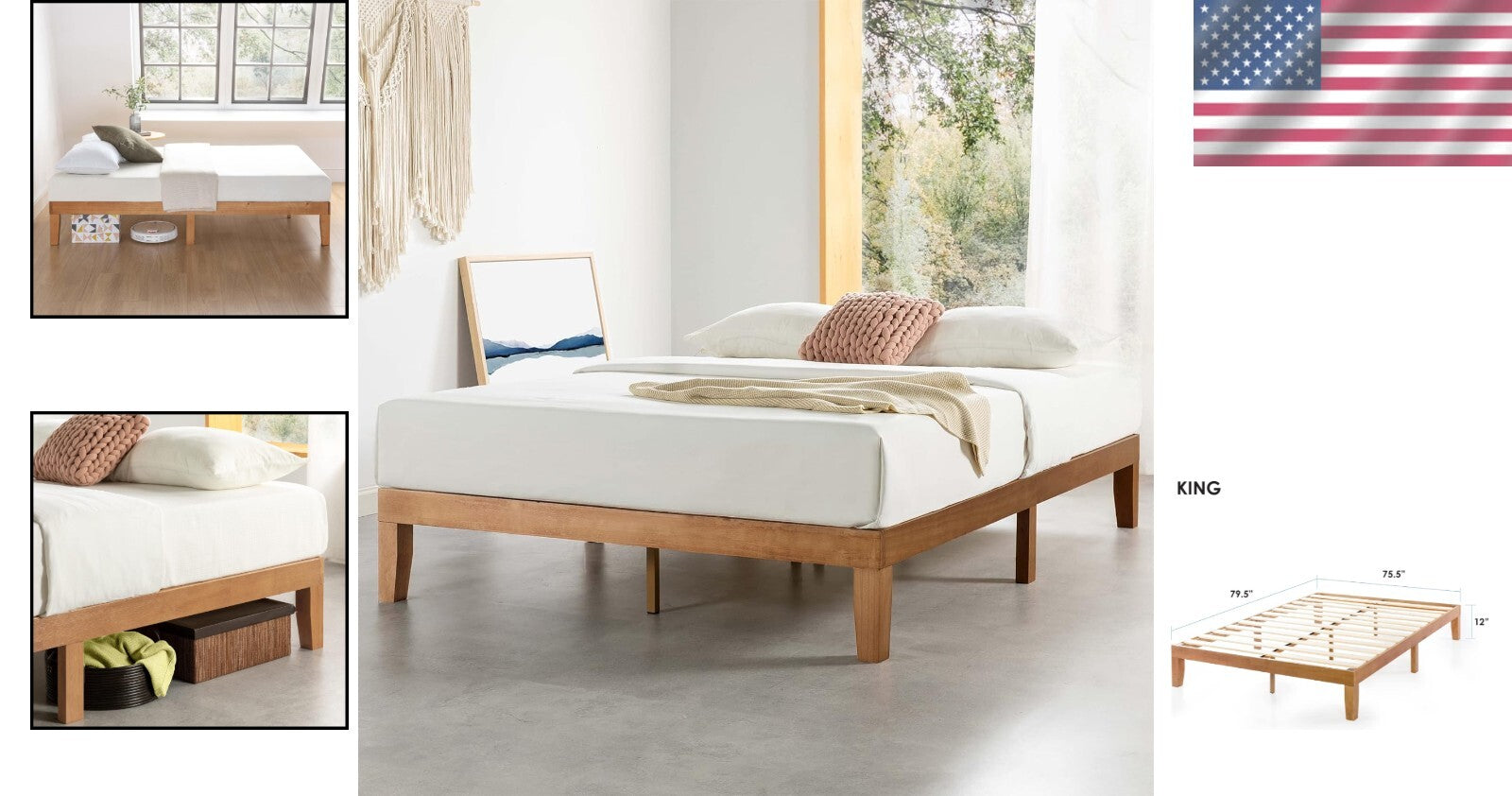 Durable 12-Inch King Platform Bed with Wooden Slats - Mid-Century Modern Style