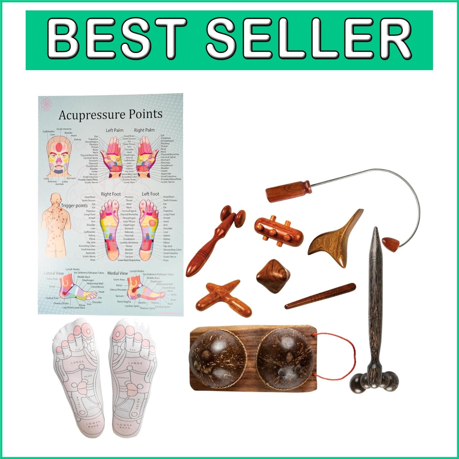 Diverse Wooden Massage Tools Set with Reflexology Socks and Educational Guides