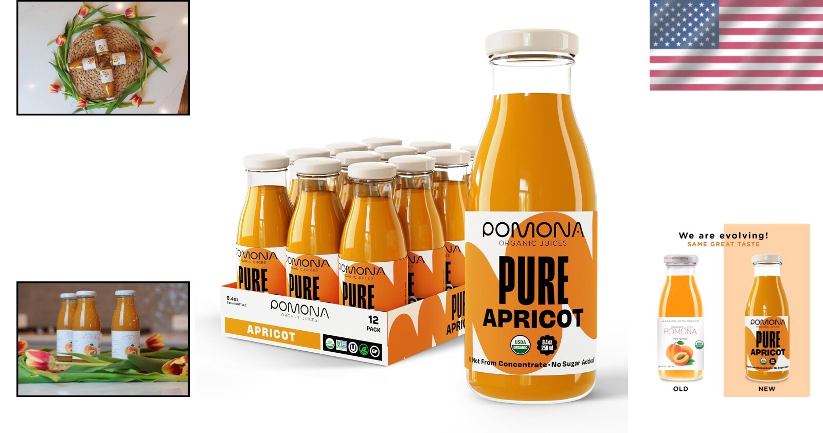 Pomona Organic Apricot Juice - Pure, No Sugar, Cold-Pressed, 12 x 8.4 oz Bottles