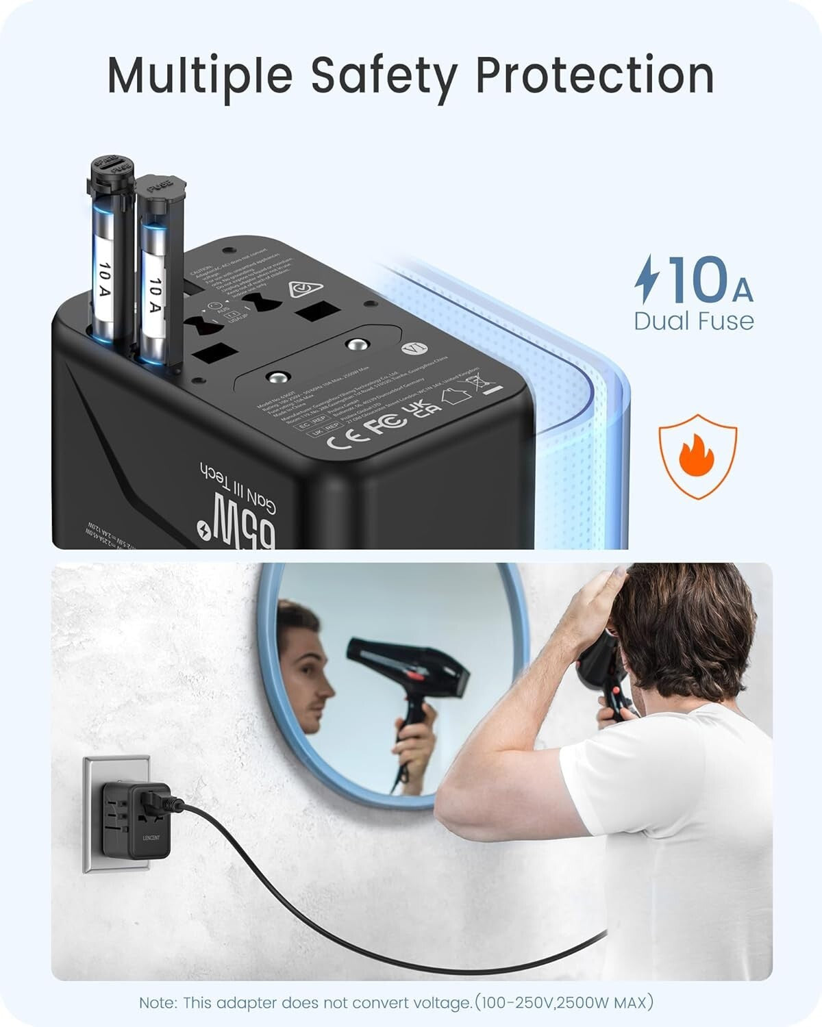 GaN III 65W Universal Travel Adapter - Fast Charging with USB & USB-C Ports