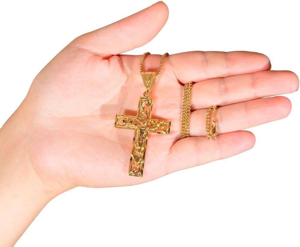 Elegant 24K Gold Plated Filigree Cross Necklace for Men & Women - Made in USA
