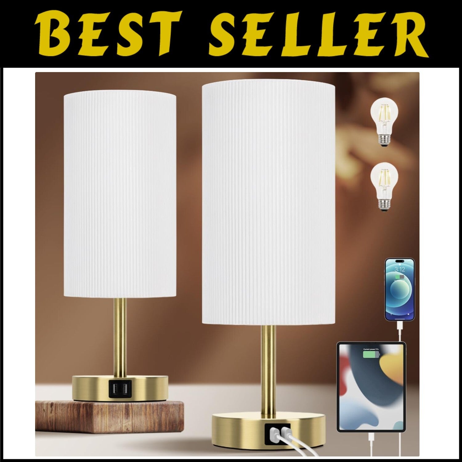 Modern Bedside Lamp Set with USB Ports - Touch Control & Dimmable Features