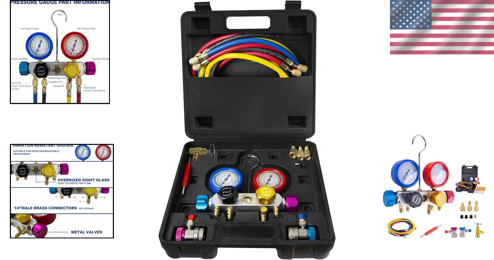 Heavy-Duty AC Manifold Gauge Set with Color-Coded Hoses - Quick Connection