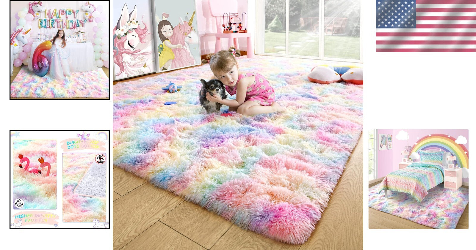 Vibrant 6x9 Fluffy Rainbow Rug for Kids' Playroom & Girls' Bedroom Decor