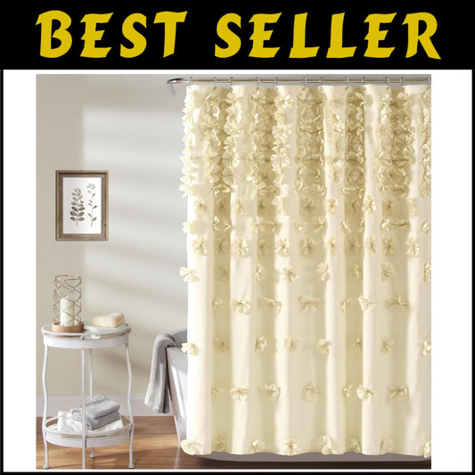 Elegant Buttercream Shower Curtain 72" with Handmade Bows - Vintage Glam Decor