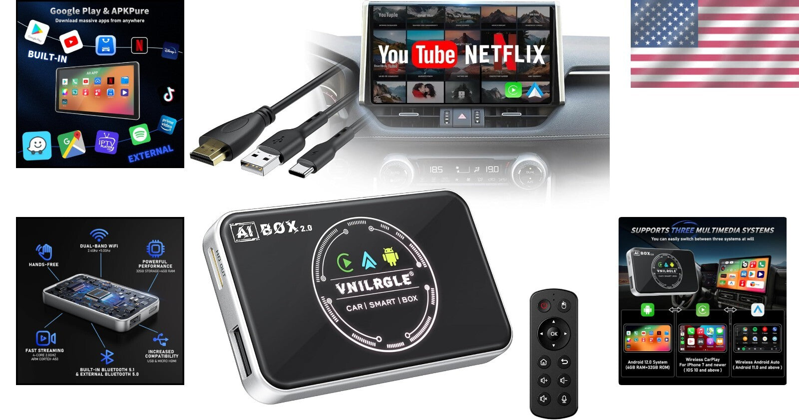 Seamless Streaming Wireless Adapter for CarPlay & Android Auto - Remote Included