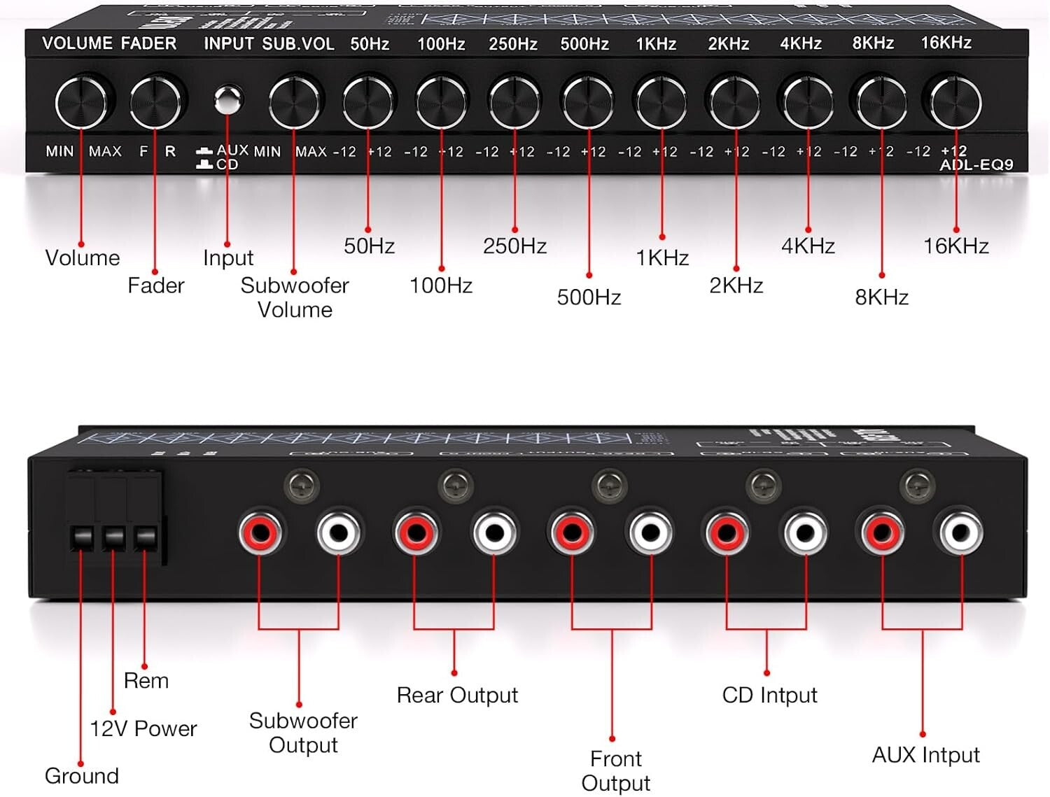 Adjustable 9-Band Car Equalizer with CD/AUX Input & White Light Illumination