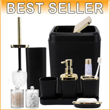 Load image into Gallery viewer, Modern Black and Gold Bathroom Accessory Set with Trash Can &amp; Toothbrush Holder
