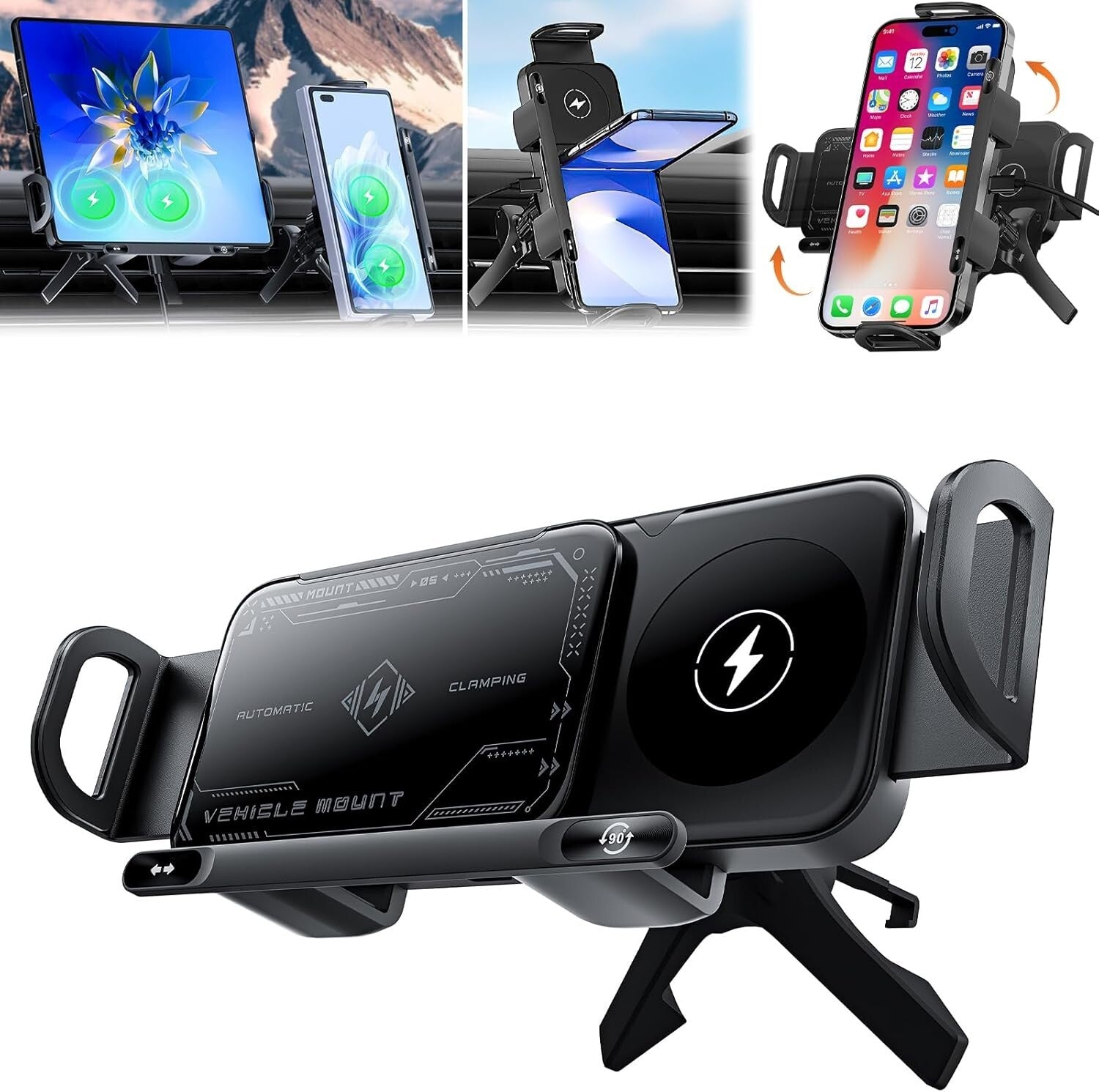15W Wireless Car Charger and Auto Rotating Phone Holder - Magnetic Mount Black