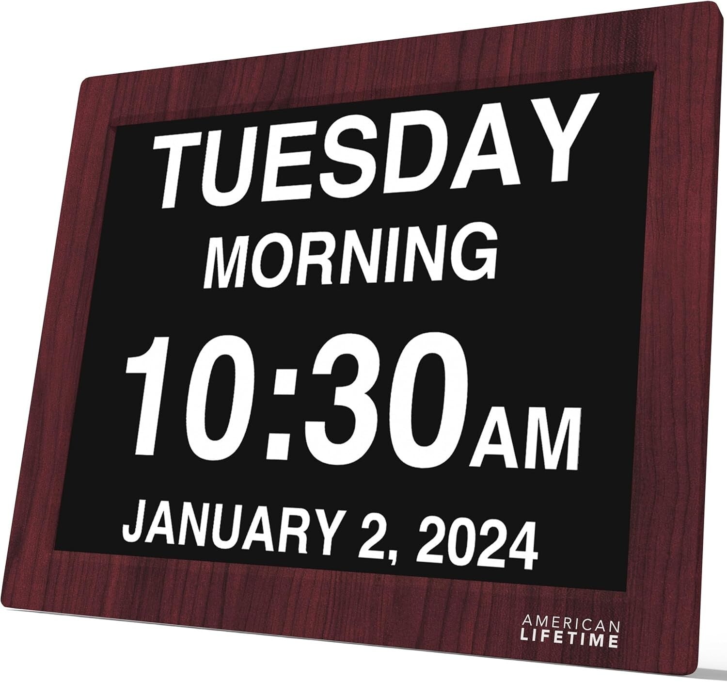 Elegant Mahogany Digital Clock with Custom Alarms for Seniors – 15-Inch Display
