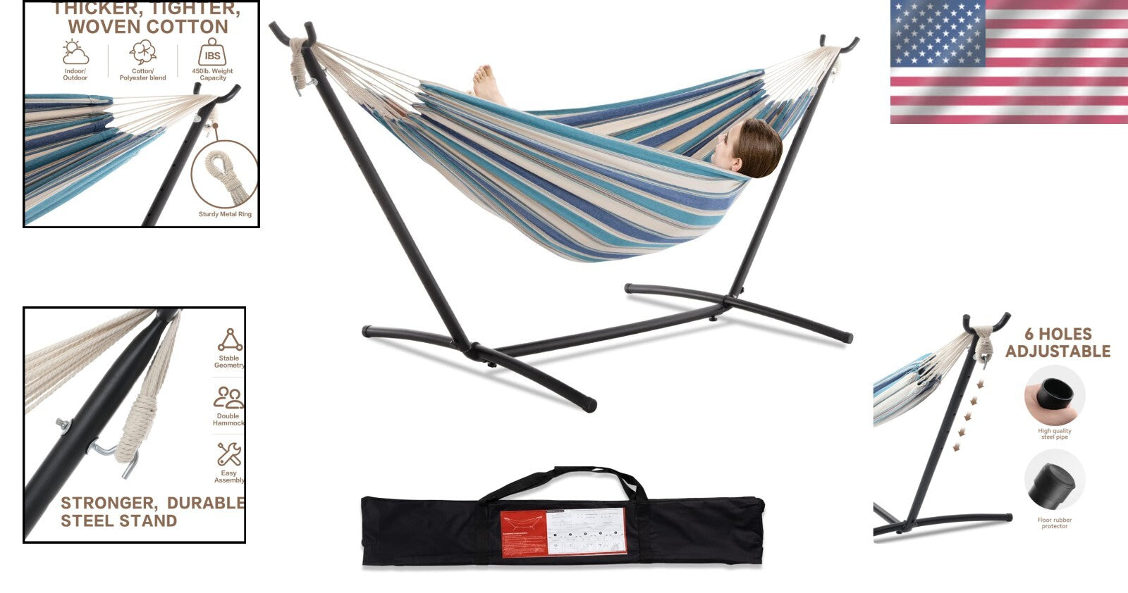 Outdoor Double Hammock with Strong Steel Stand - 450lb Capacity in Light Blue