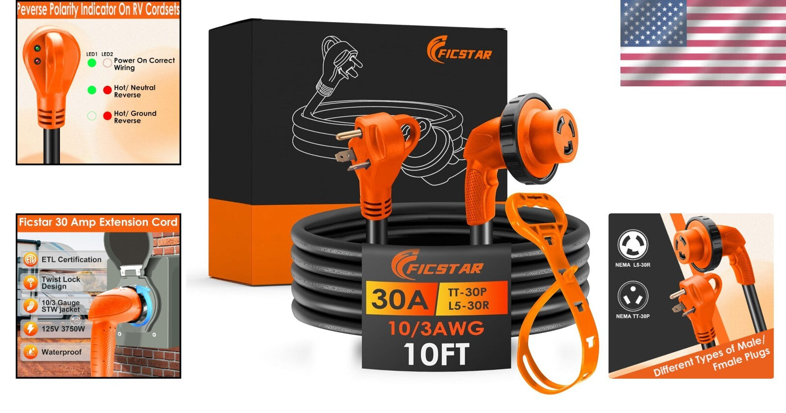 Durable 10ft 30 Amp RV Extension Cord with Twist Lock & Reverse Polarity Light