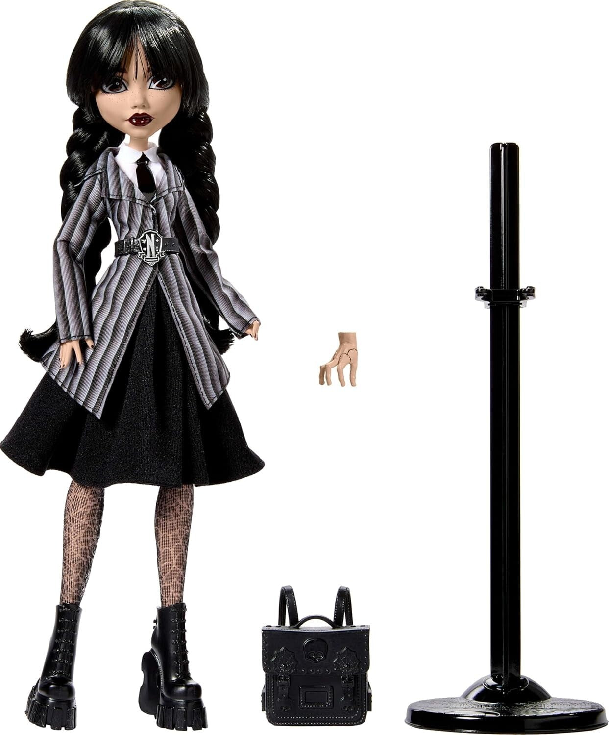 Dramatic Wednesday Addams Doll with Stand, Thing, & Unique Backpack Accents