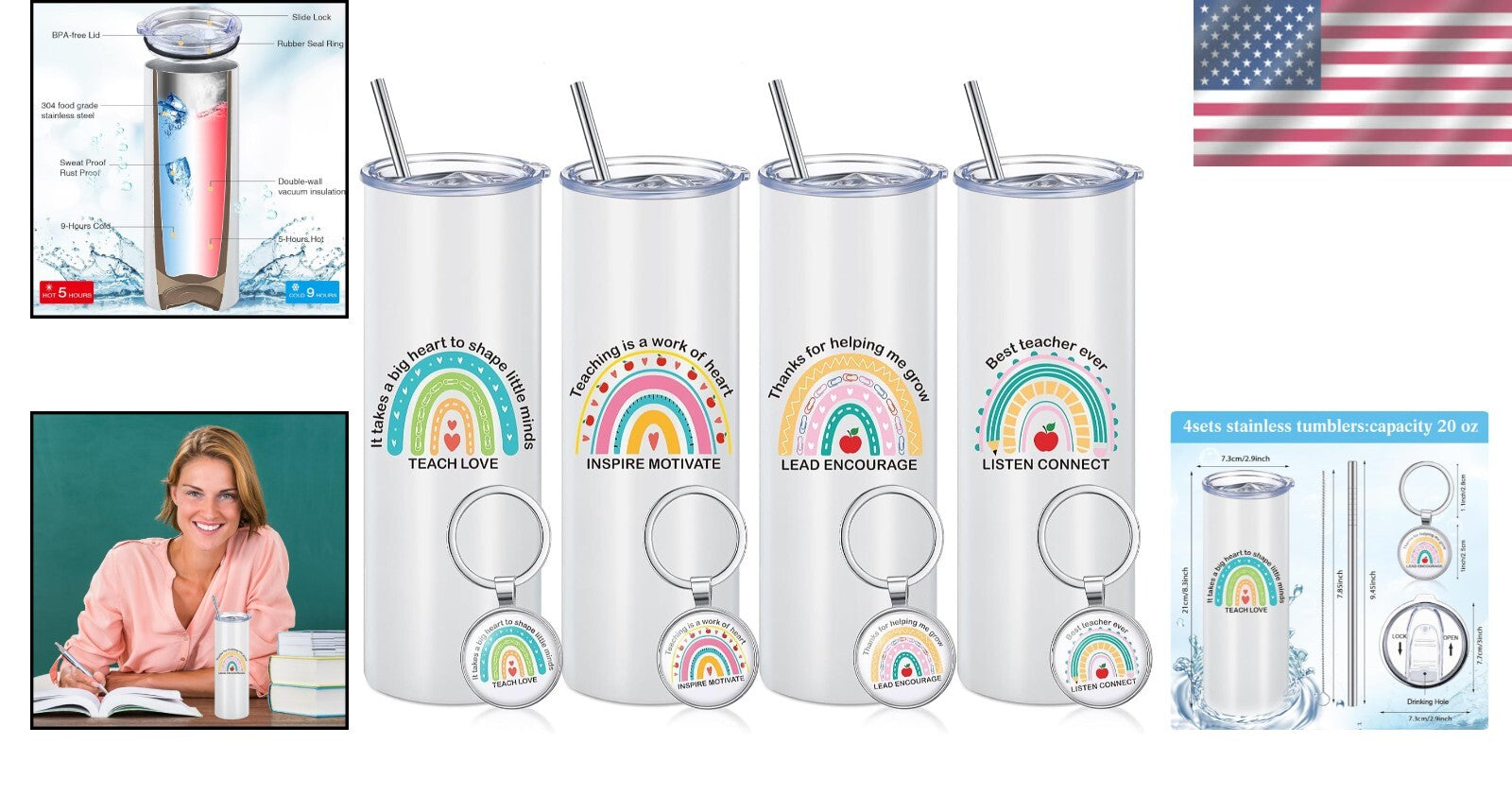 Elegant Insulated Teacher Travel Mugs & Keychains - Set of 4 in Rainbow Style