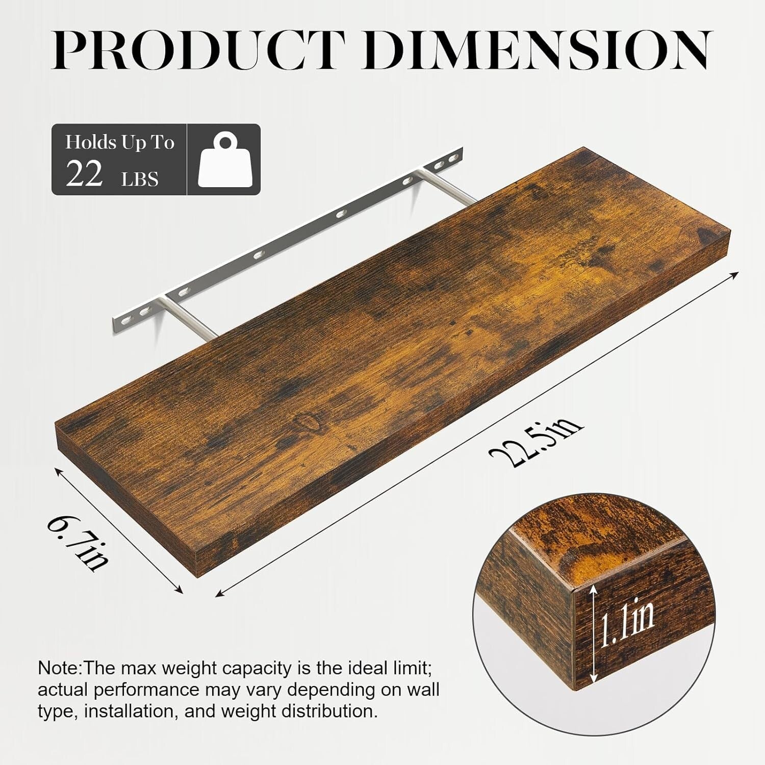 Versatile 22.5-Inch Rustic Wood Floating Shelves for Bathroom & Living Room