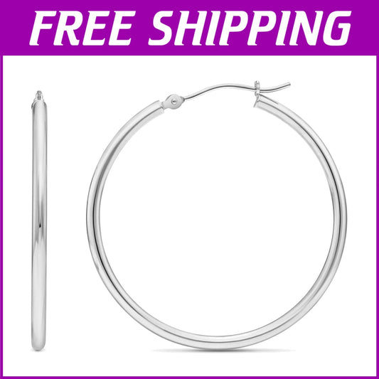 Chic 14k White Gold Round Hoop Earrings - 35mm Lightweight Style for Everyday