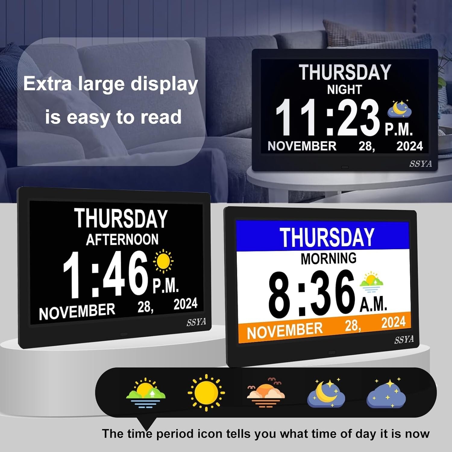 Dementia Clock for Seniors - 11.5'' Digital Calendar Alarm Clock with 12 Alarms