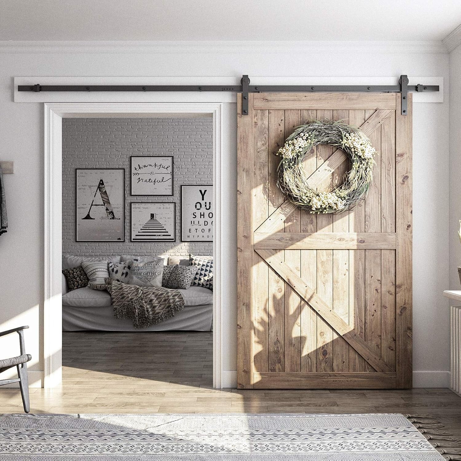 Durable Heavy Duty Black Barn Door Hardware Kit - Easy Install with Instructions