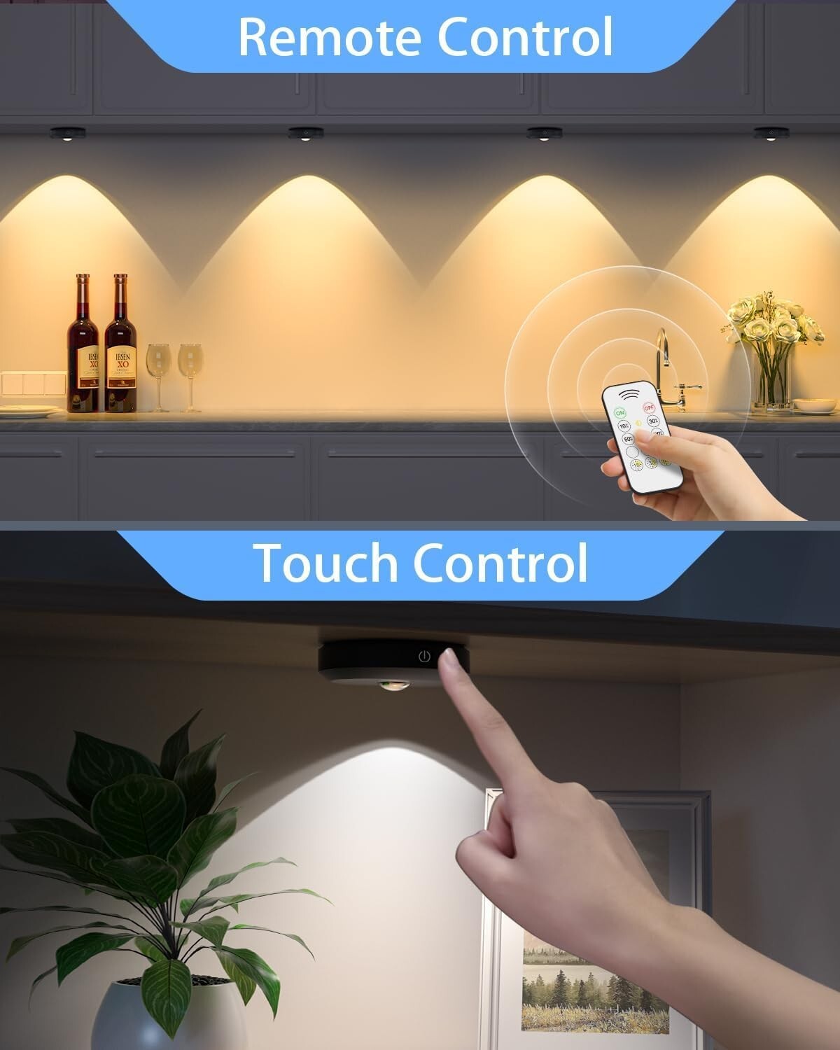 6 Pack of Dimmable Rechargeable Under Cabinet Lights with Remote Control & Timer