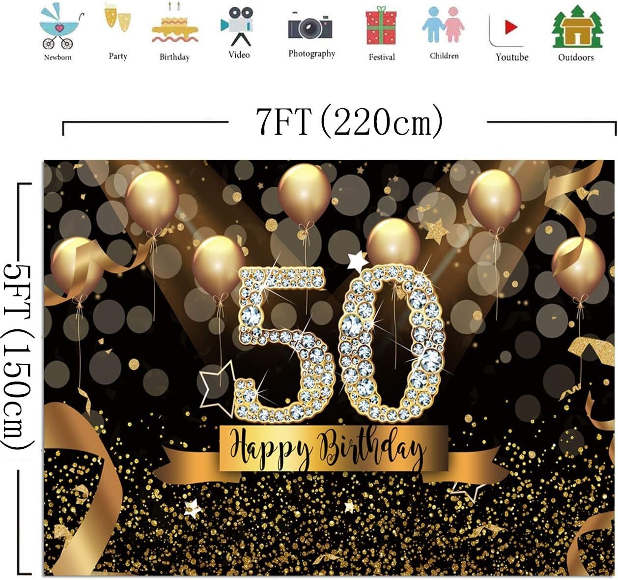 Elegant 10x8ft Glittering 50th Birthday Photography Backdrop with Gold Balloons