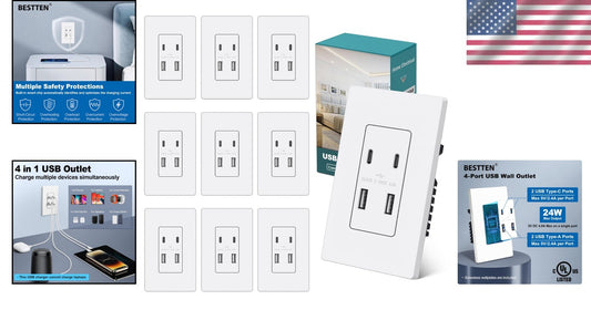 10-Piece USB Receptacle Pack - 4.8A Wall Outlet for Modern Charging Solutions