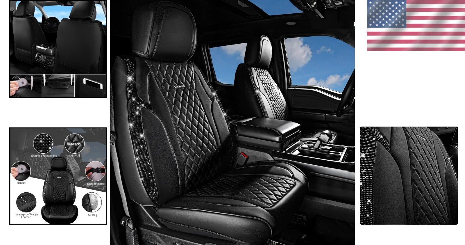 Elegant Black Diamond Seat Covers with Anti-Slip Design - Easy 20-Minute Install