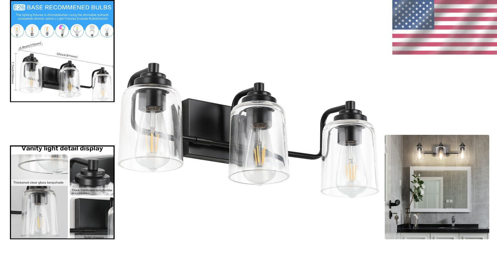 Contemporary 3-Light Black Bathroom Wall Fixture for Elegant Mirror Lighting