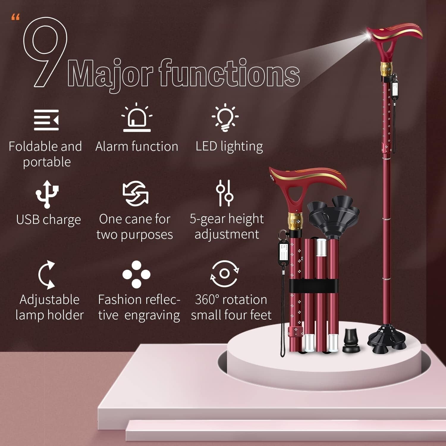 Adjustable Smart Alarm Cane with LED Light - Portable and Ergonomic Design