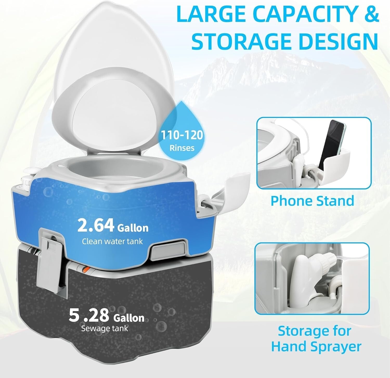 Ergonomic 5.28 Gal Portable Toilet with Diagonal Bowl for RV Travel & Camping