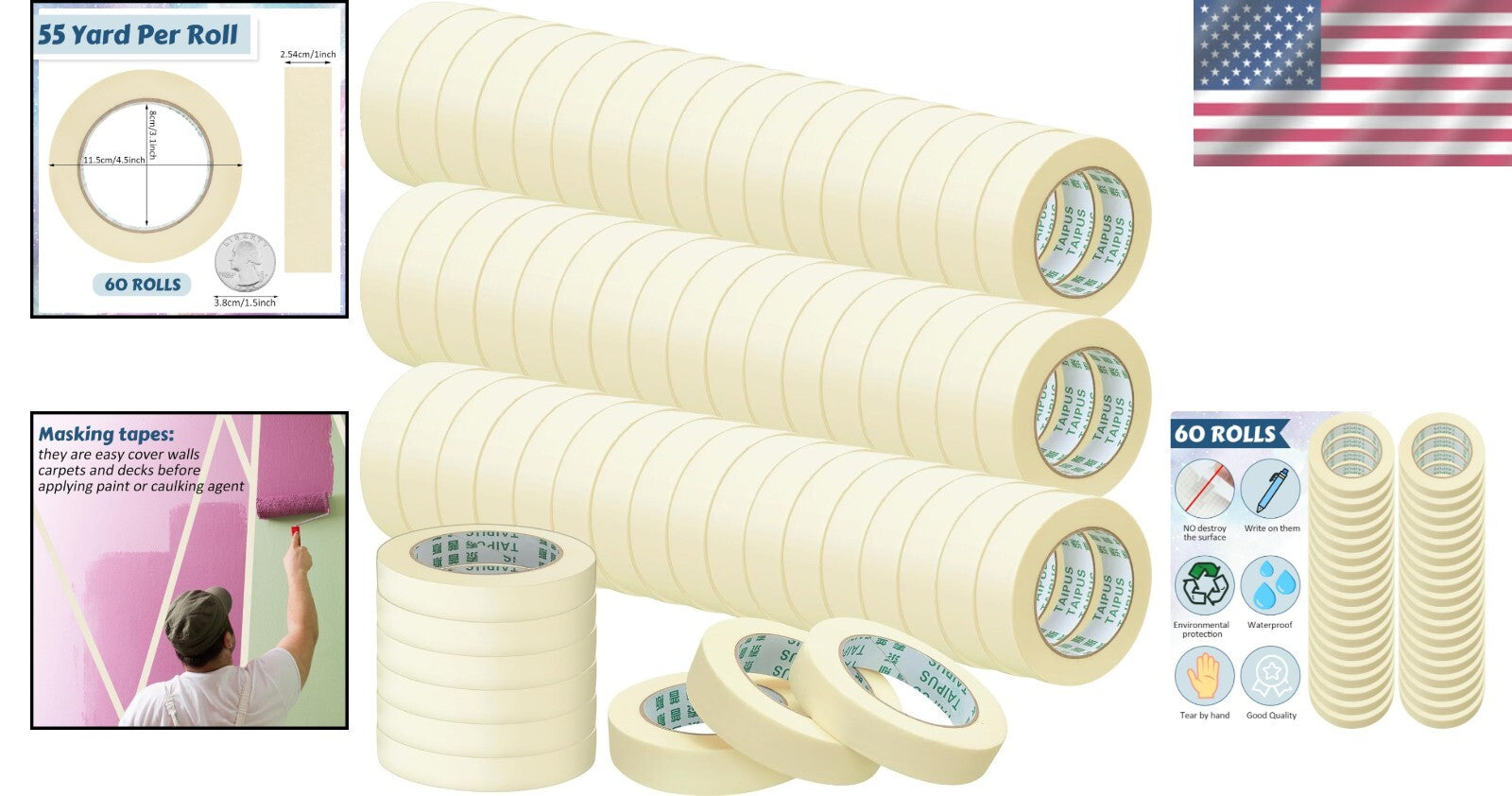 Bulk 60 Rolls Masking Tape - 1 Inch x 55 Yards for Arts & Crafts and Painting