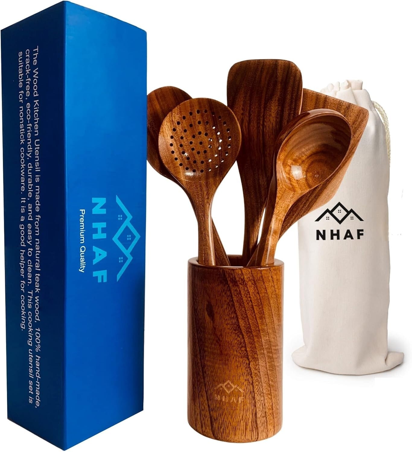 Durable Eco-Friendly Teak Cooking Utensils Set with Canvas Holder for Gifts