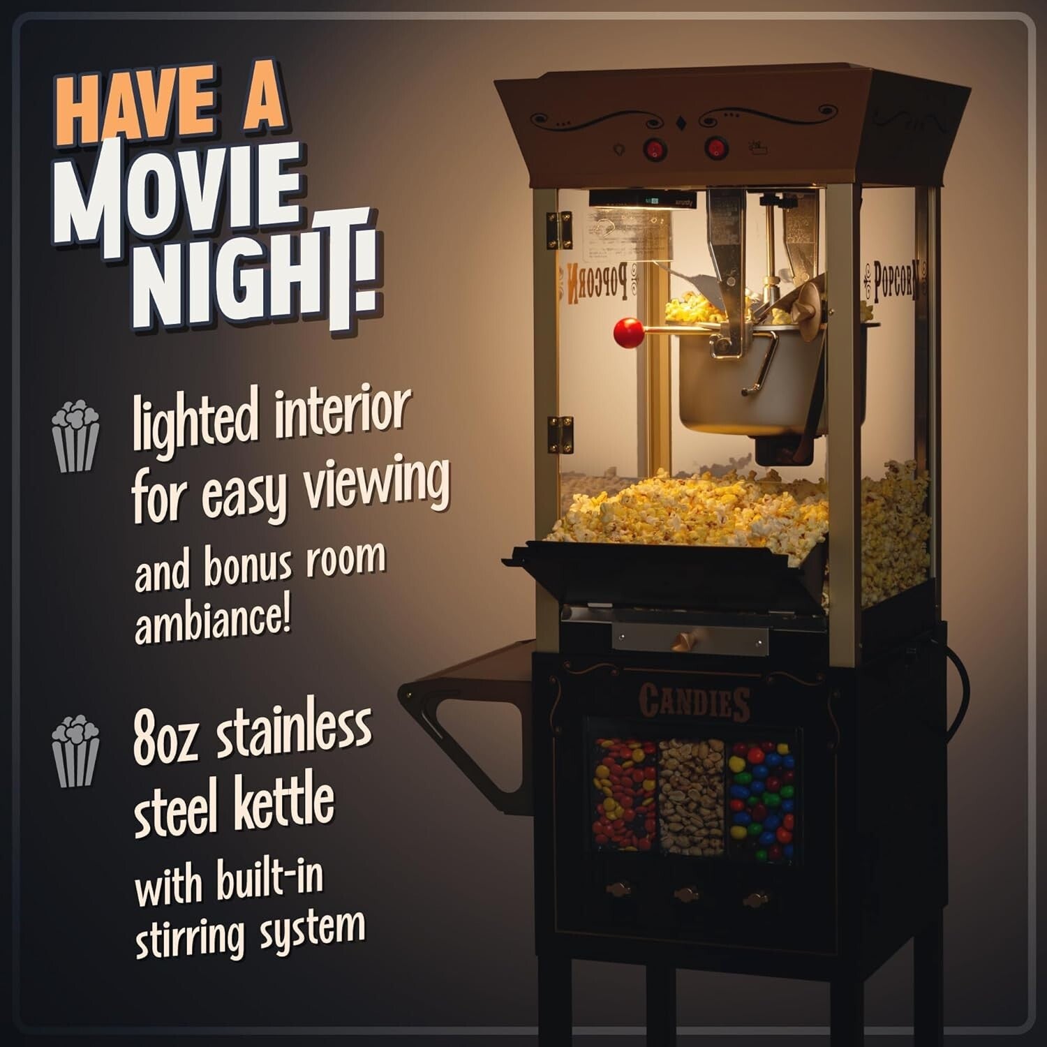 Family-Friendly 8 Oz Popcorn Maker with 32 Cup Capacity & Safety Glass Design