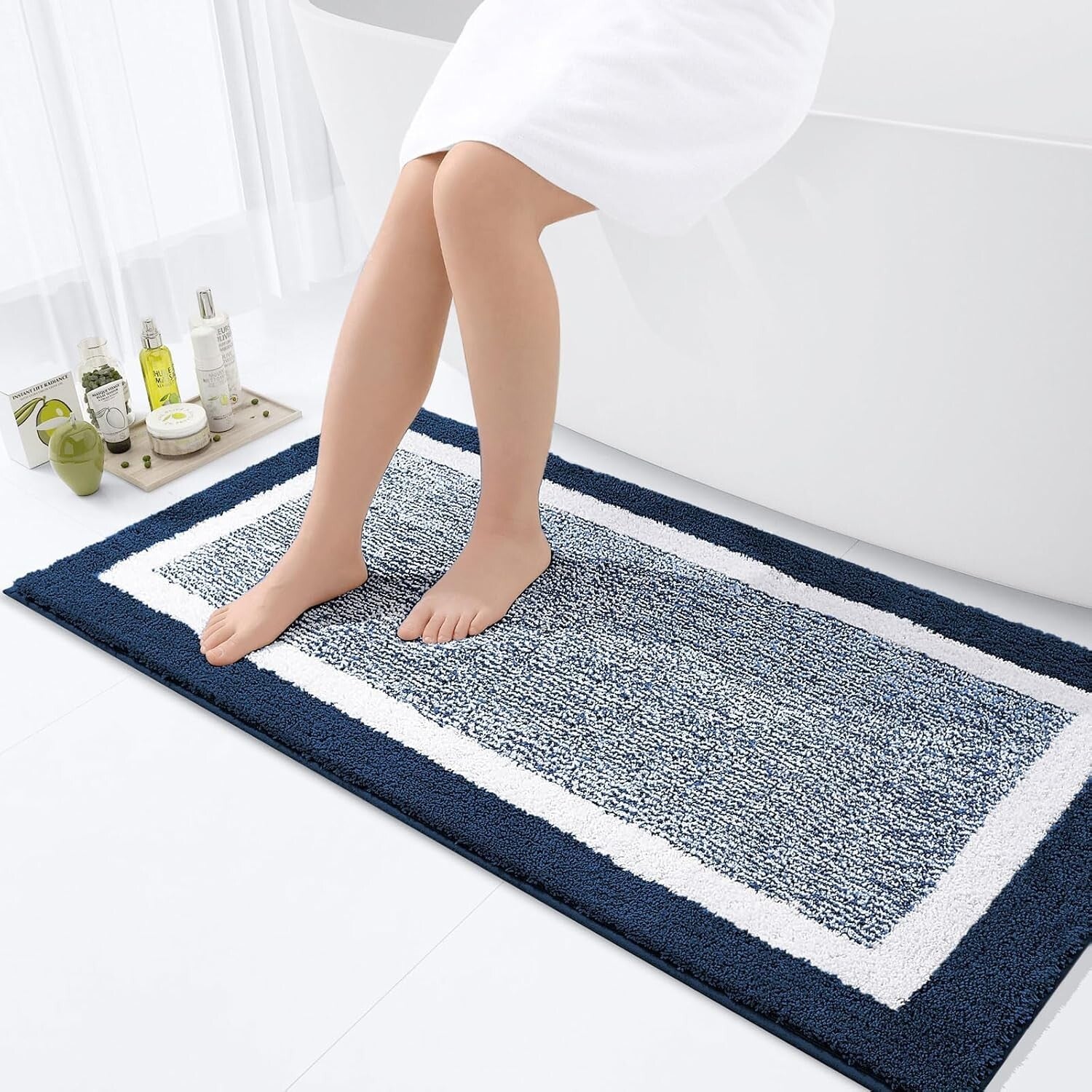 Extra Absorbent Navy Bath Mat 44x24 - Fluffy & Non-Slip Design for Safety