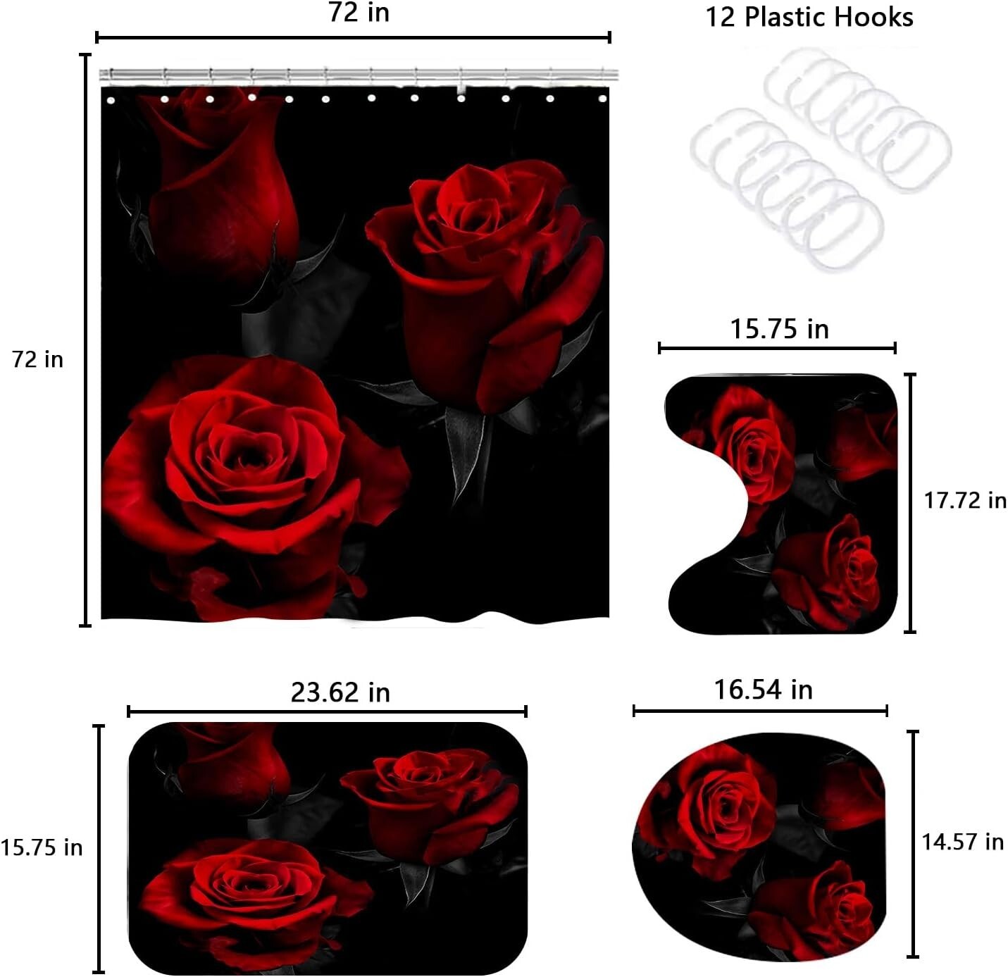 Elegant 4-Piece Rose Shower Curtain Set – Waterproof Floral Bathroom Decor