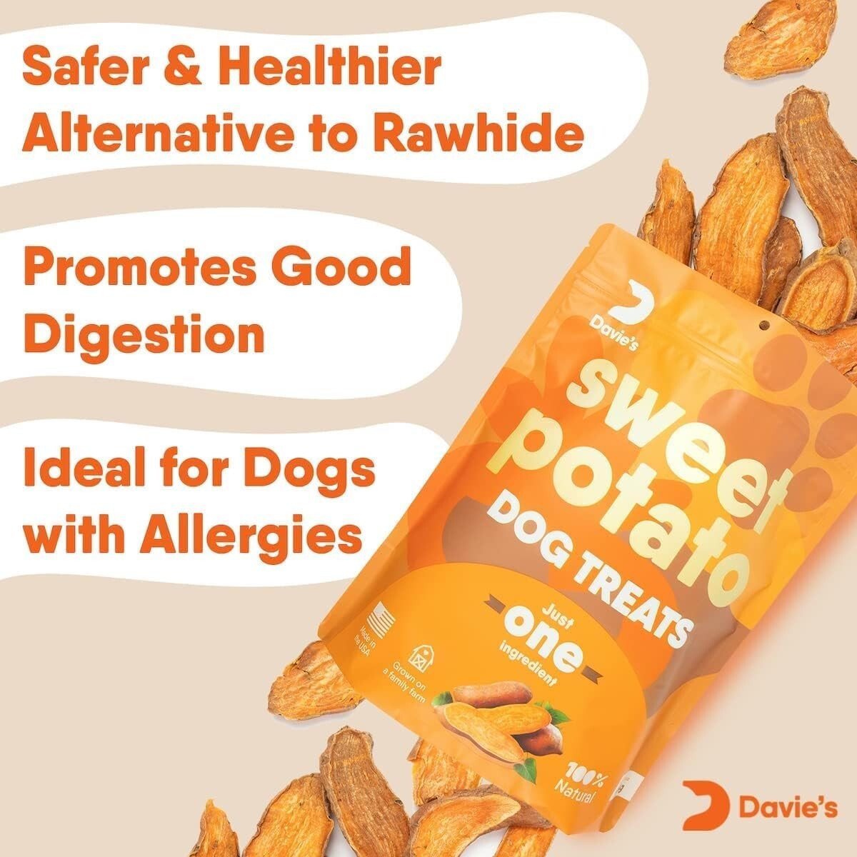 Davie's USA-Made Sweet Potato Chews for Dogs - 2 lb Pack of Healthy Treats