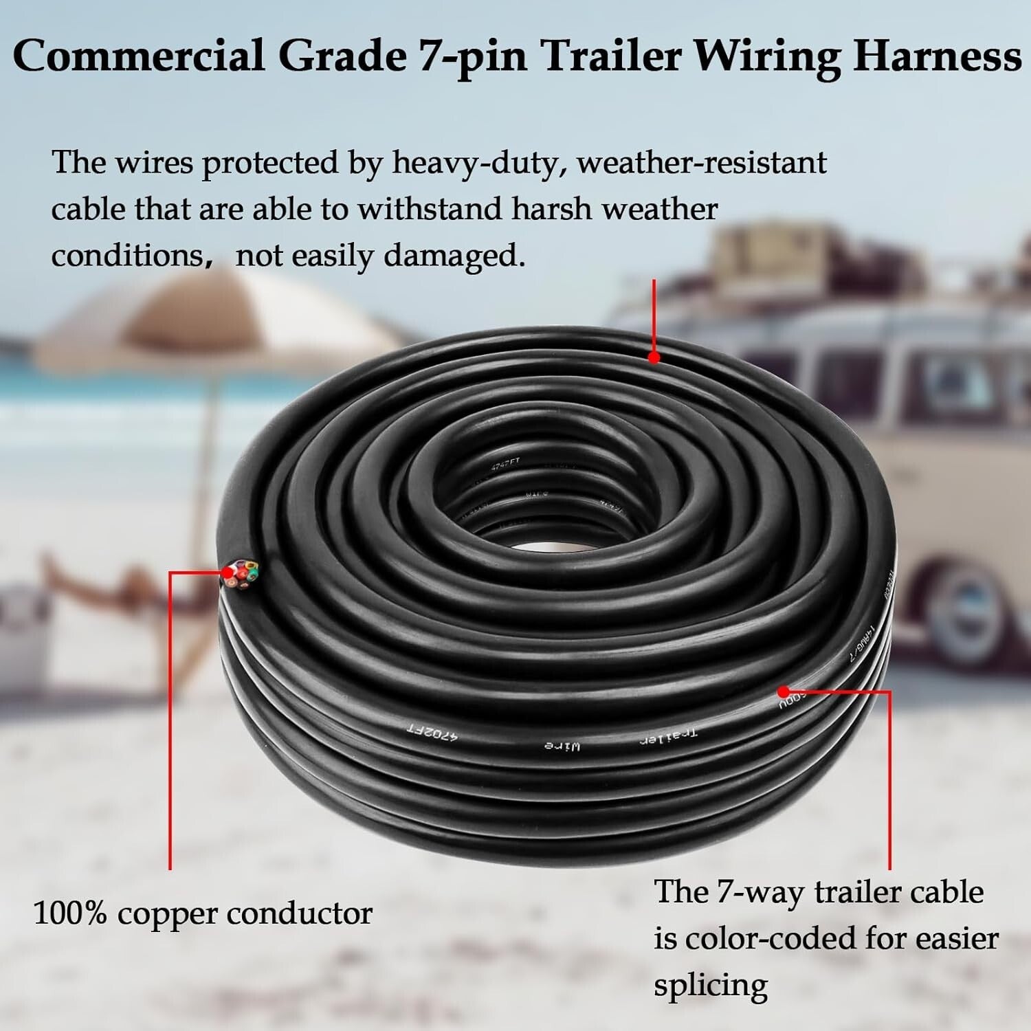 Durable 7 Conductor 14 Gauge Copper Wire - Color-Coded 100FT Automotive Cable