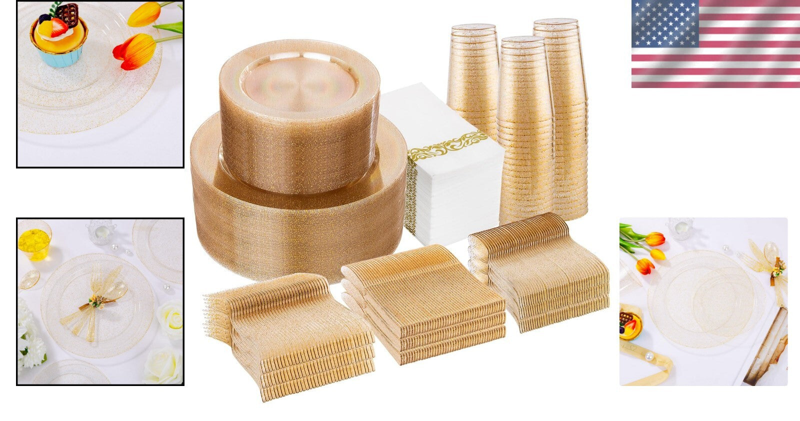 Elegant 700-Piece Disposable Gold Glitter Plates, Cups & Silverware Set