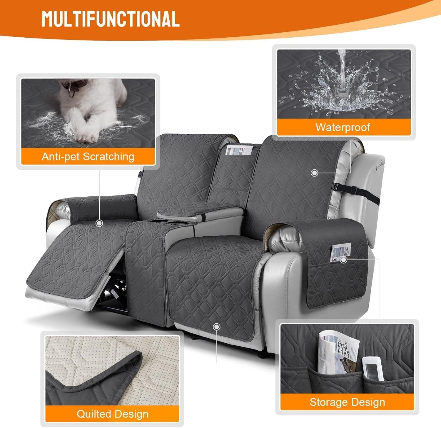 Charcoal Gray Waterproof Loveseat Recliner Cover with Console for Pet Protection