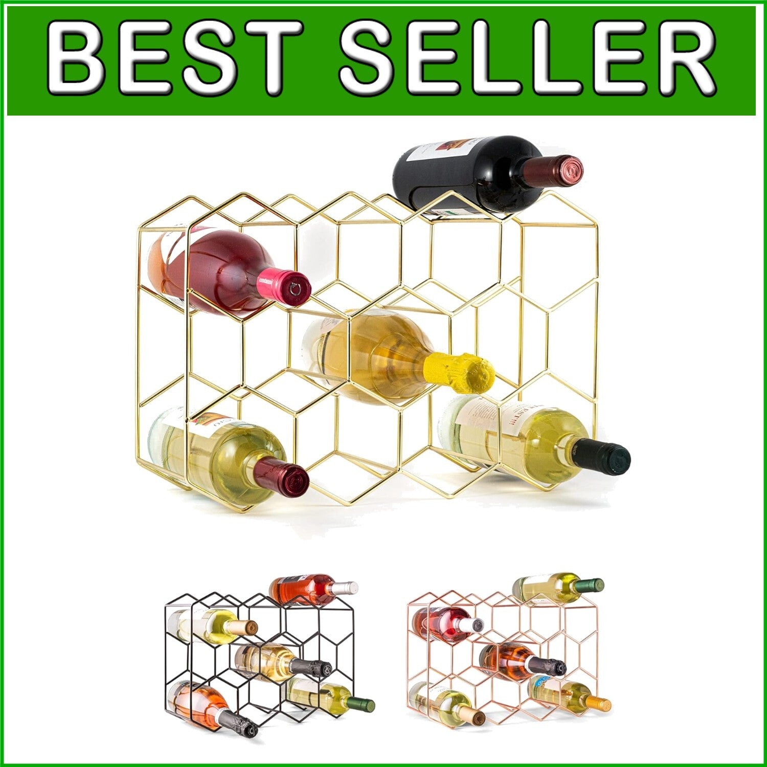 14-Bottle Countertop Wine Rack - Rust Resistant Gold Stand for Kitchen & Pantry
