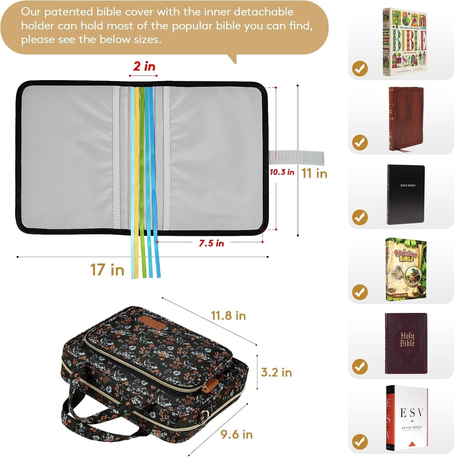 Black Flower Design Bible Cover for Women - Stylish Tote & Organizational Bag