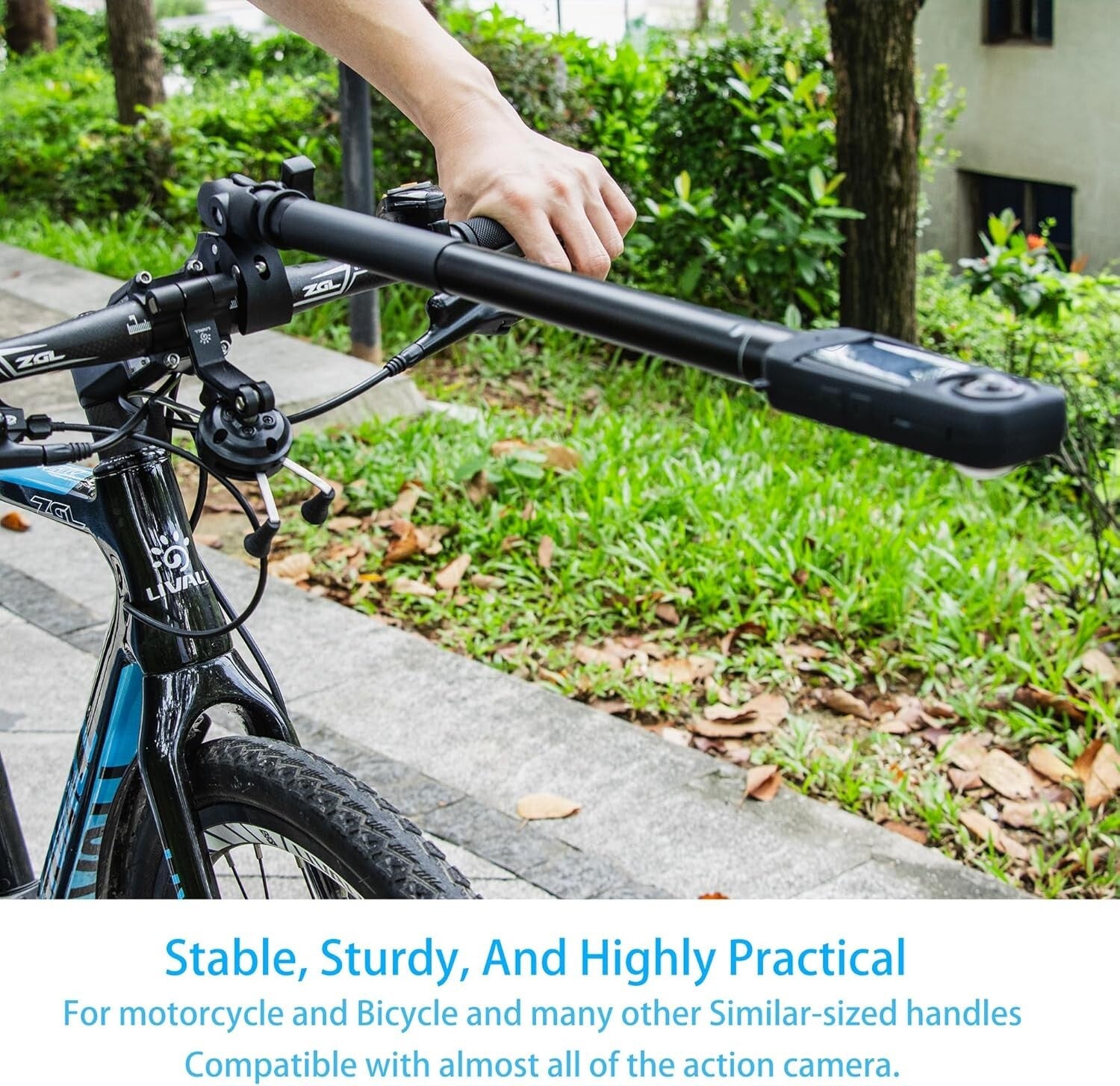 Motorcycle Handlebar Double Clamp Mount with 67" Selfie Stick for Action Cameras