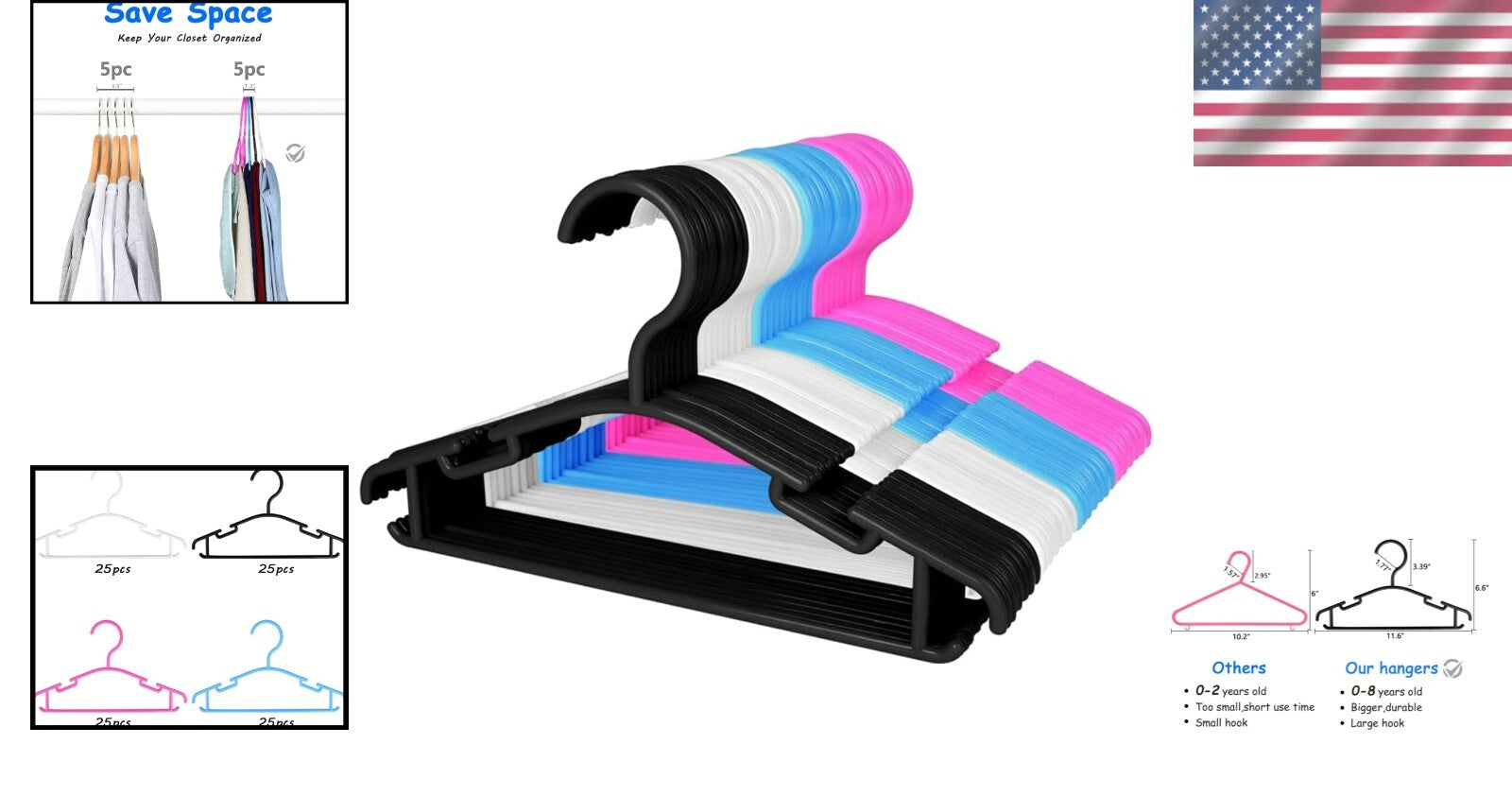 Bulk 100 Kids Clothes Hangers - Lightweight and Sturdy for Smart Organizing