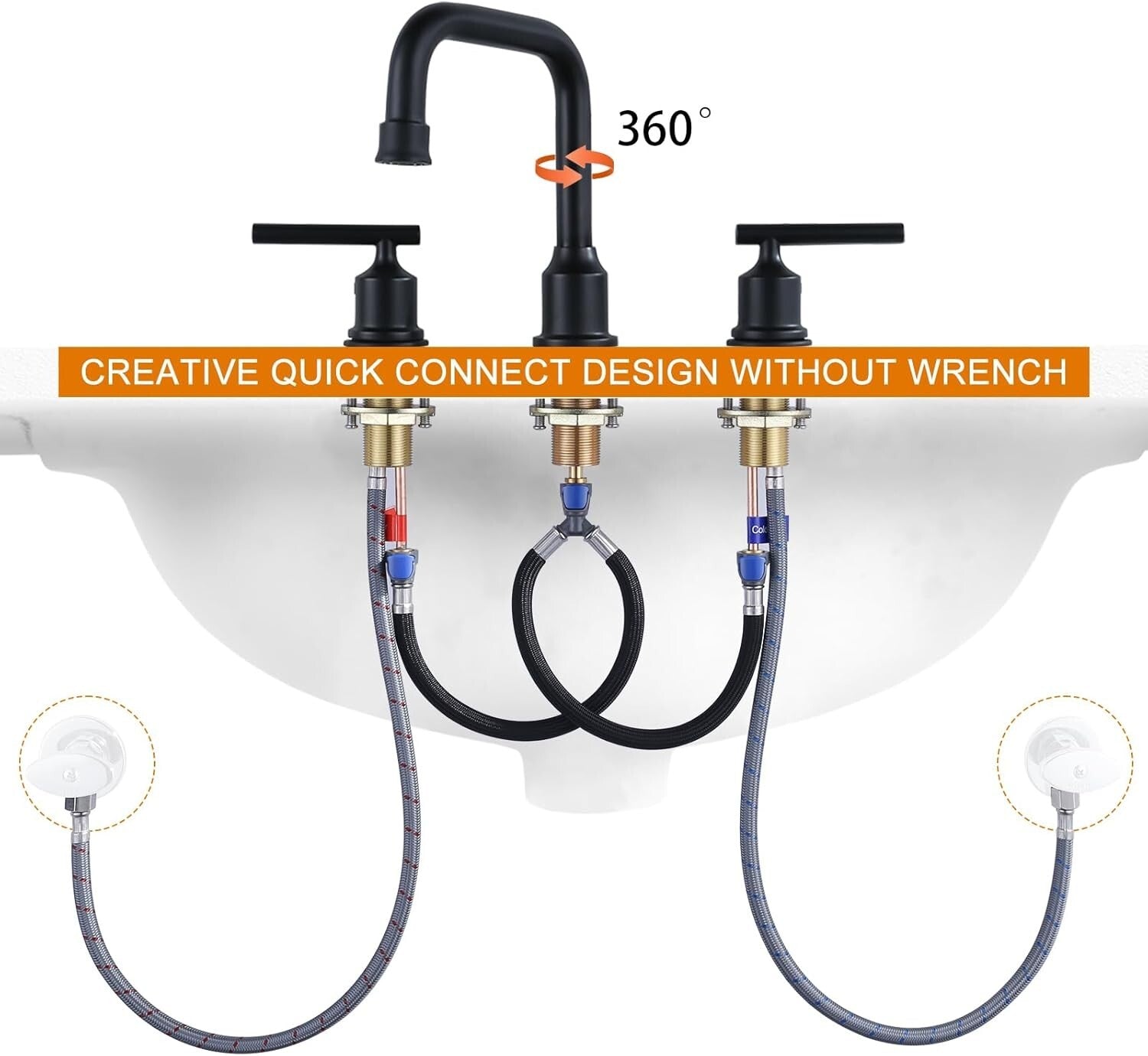 Matte Black 3-Hole Widespread Bathroom Faucet with 360 Swivel Spout - 2 Sets