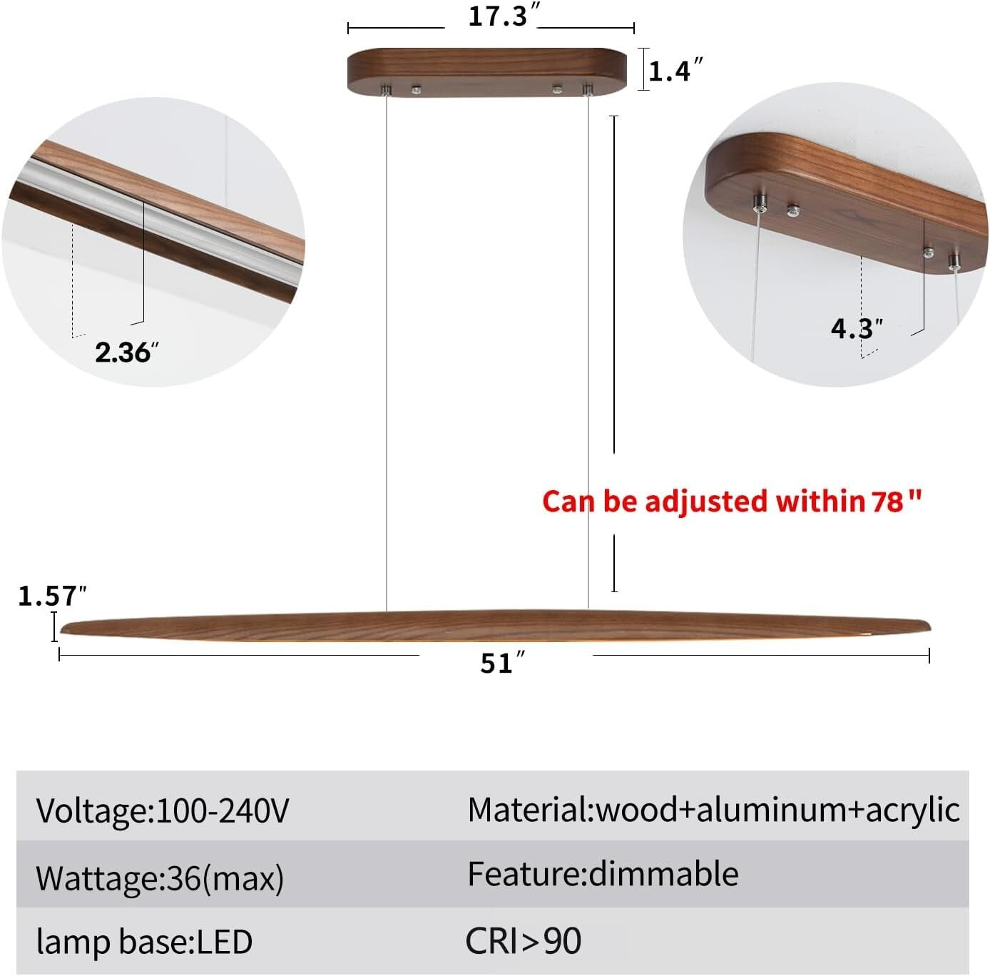 Energy-Saving 51" Real Wood Pendant Light for Stylish Dining and Kitchen Spaces