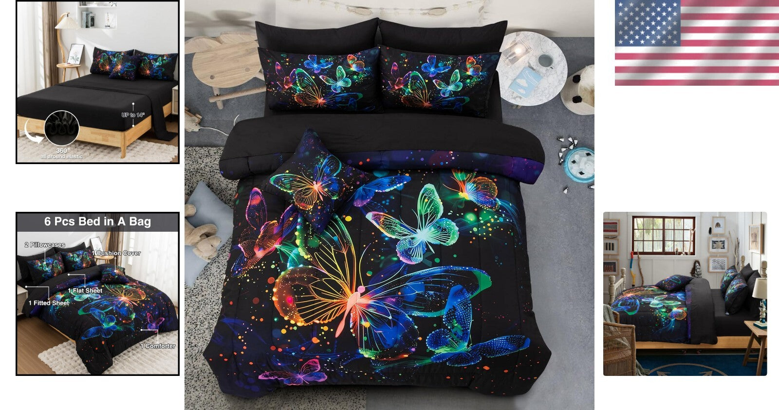 Galaxy-Themed Butterfly Printed Bedding Set - Full Comforter & Pillows Included