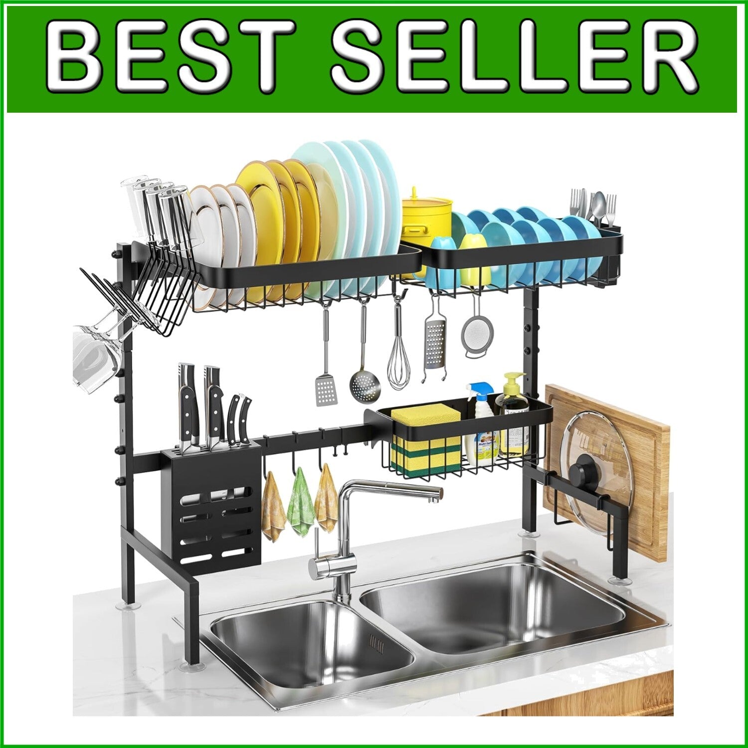 Adjustable 2-Tier Over The Sink Dish Drying Rack, Space-Saving Kitchen Organizer