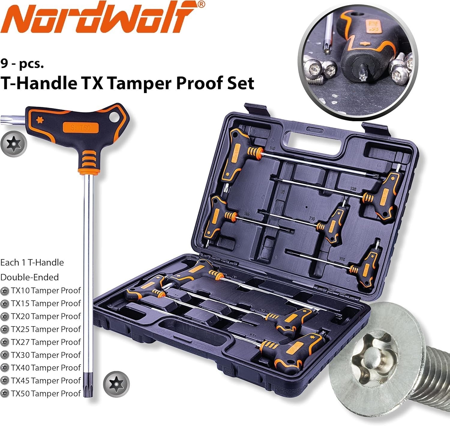 Durable T-handle Torx Wrench Set - Precision Cut Sizes T10 to T50 in Storage Box