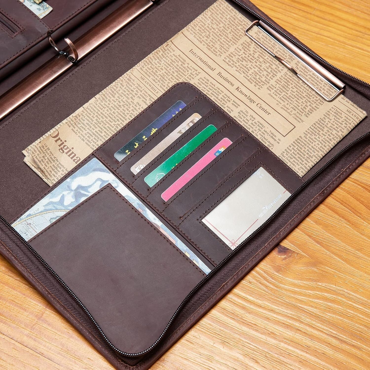 Elegant 3-Ring Leather Padfolio with Tablet Holder - Perfect for Business Trips