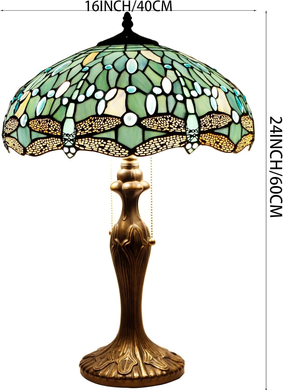 Antique Bronze Dragonfly Tiffany Lamp - Sea Blue Stained Glass Shade 16x24"