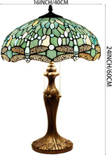 Load image into Gallery viewer, Antique Bronze Dragonfly Tiffany Lamp - Sea Blue Stained Glass Shade 16x24"